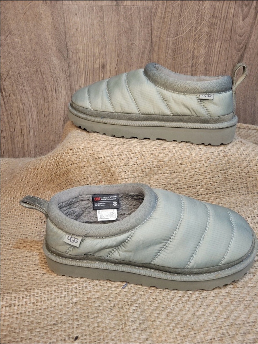 UGG Quilted Puffer Slip-Ons in Light Gray